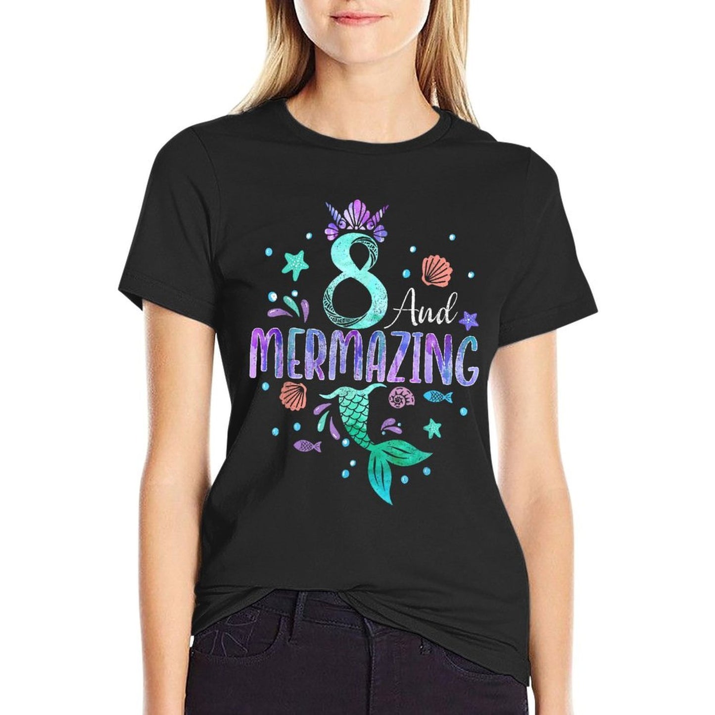Its My Mermazing 8th Birthday Mermaid Girl Theme 8 Yrs Old  Ribbed Collar T-Shirt