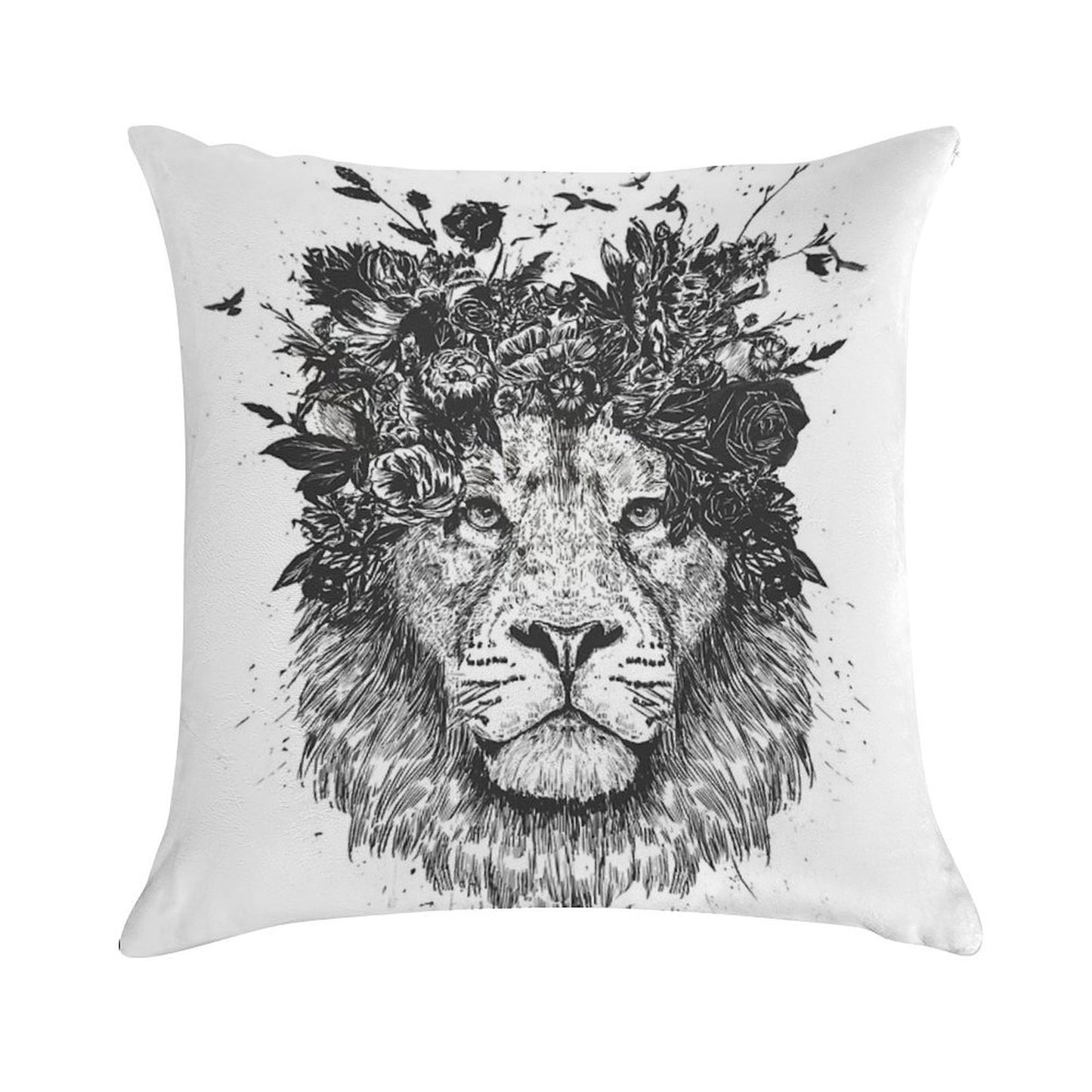 Floral Lion (bw) Soft Bedroom Essential Throw Pillow