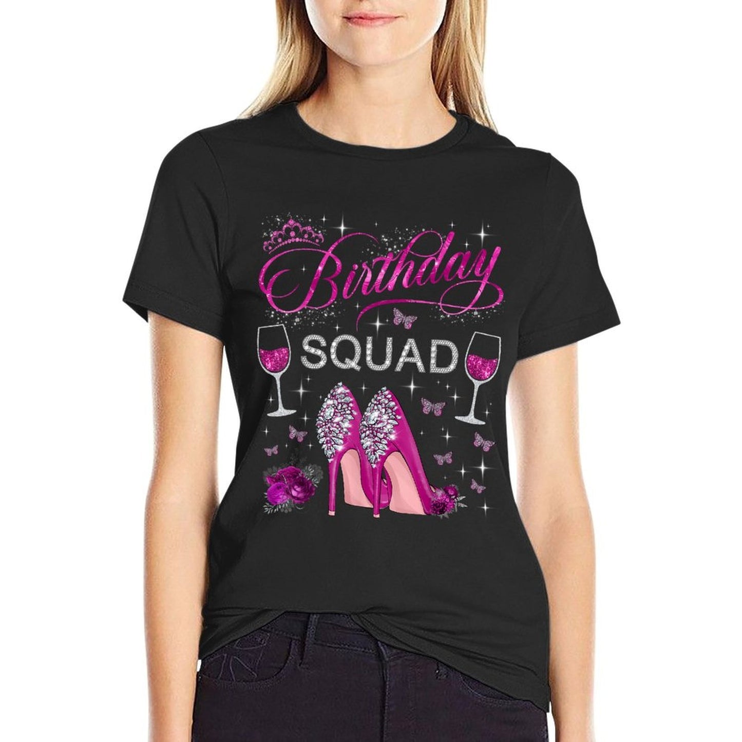 Birthday Squad Butterflies High Heels Diva Squad Women Girls  Summer-ready Fabric T-Shirt
