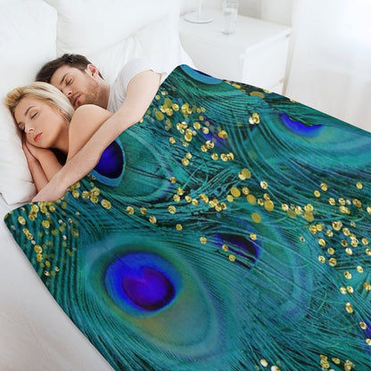 Dreamy Peacock Feathers, Teal And Purple, Glimmering Gold Travel-friendly Throw Blanket