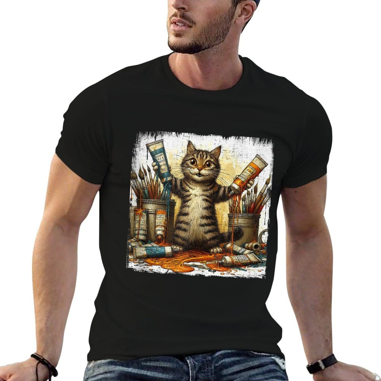 Cat And Oil Paint Design For Painters And Artists  Polyester Blend T-Shirt