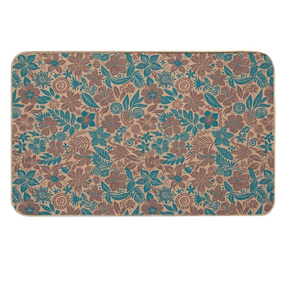 Beige And Teal Tropical Floral Tribal Print  Eco-Friendly Bath Mat