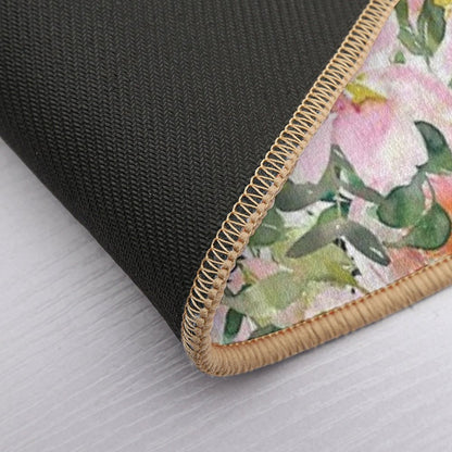 Boho, Floral Watercolor Roses, Pink, White And Green  Non-Slip Bath Mat