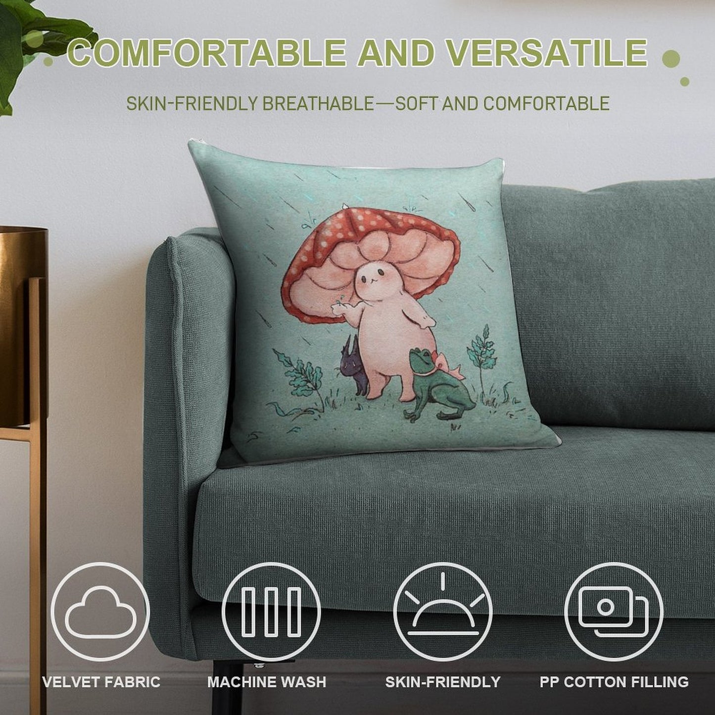 Mushroom Umbrella on A Rainy Day Soft Easy Maintenance Throw Pillow