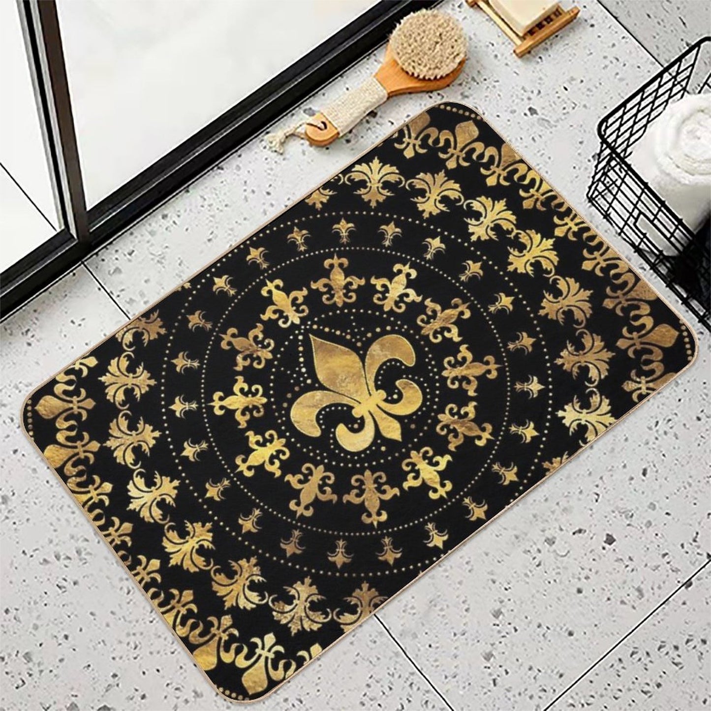 Fleur-de-lis - Circular Ornament - Gold And Black  Anti-Trip Bath Mat
