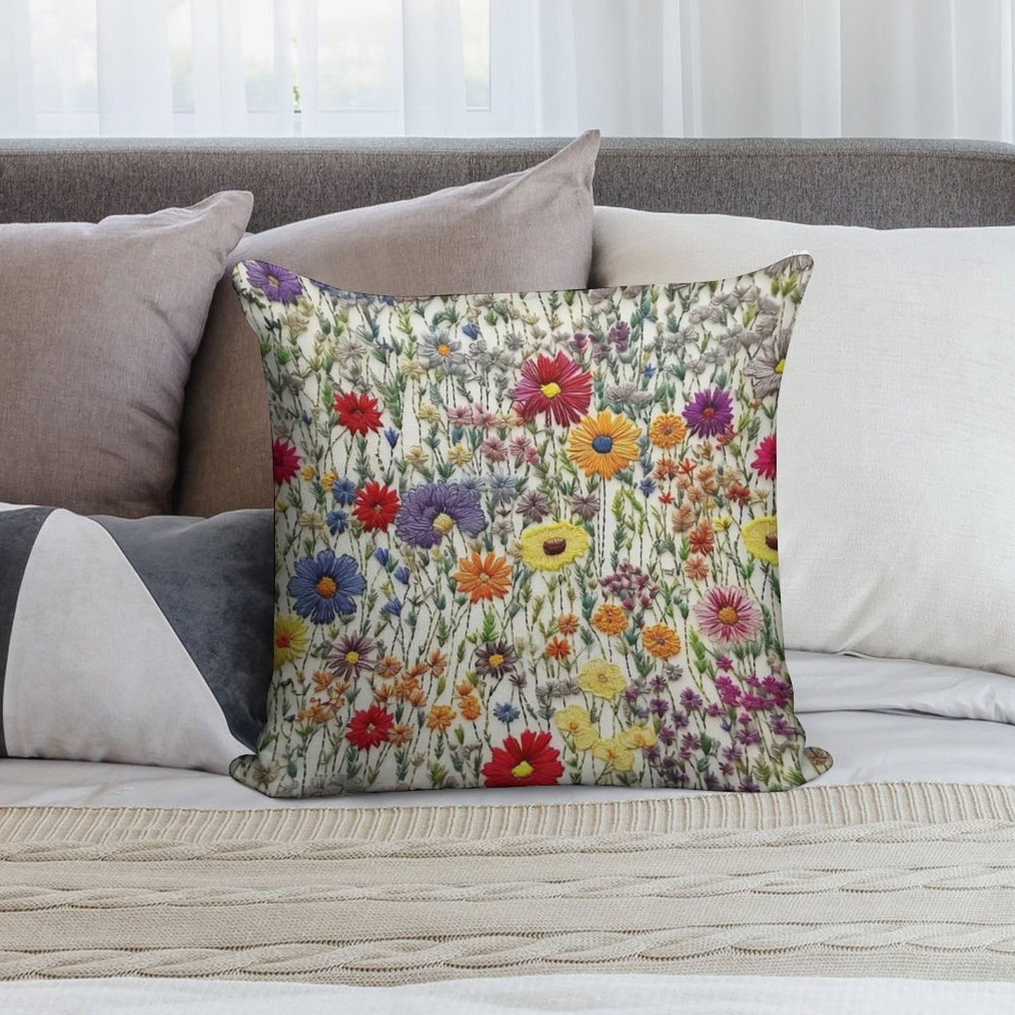 Embroidered Wildflowers Soft High-Density Material Throw Pillow