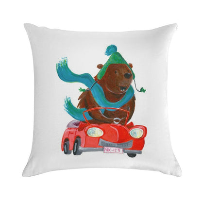 Bear in Car Soft Short Plush Fabric Throw Pillow