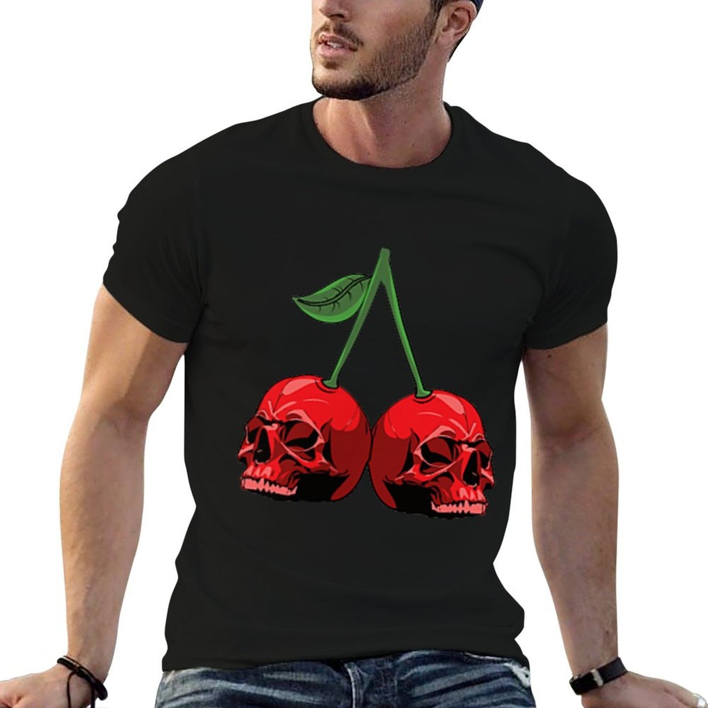 Cute Cherry Skull Emblem Scary Red Skulls Black Background  Soft T-Shirt