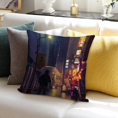 Neon Noir Street Reflecting The Warm Yellow And Orange Light from The Bar Area. Soft Durable Construction Throw Pillow