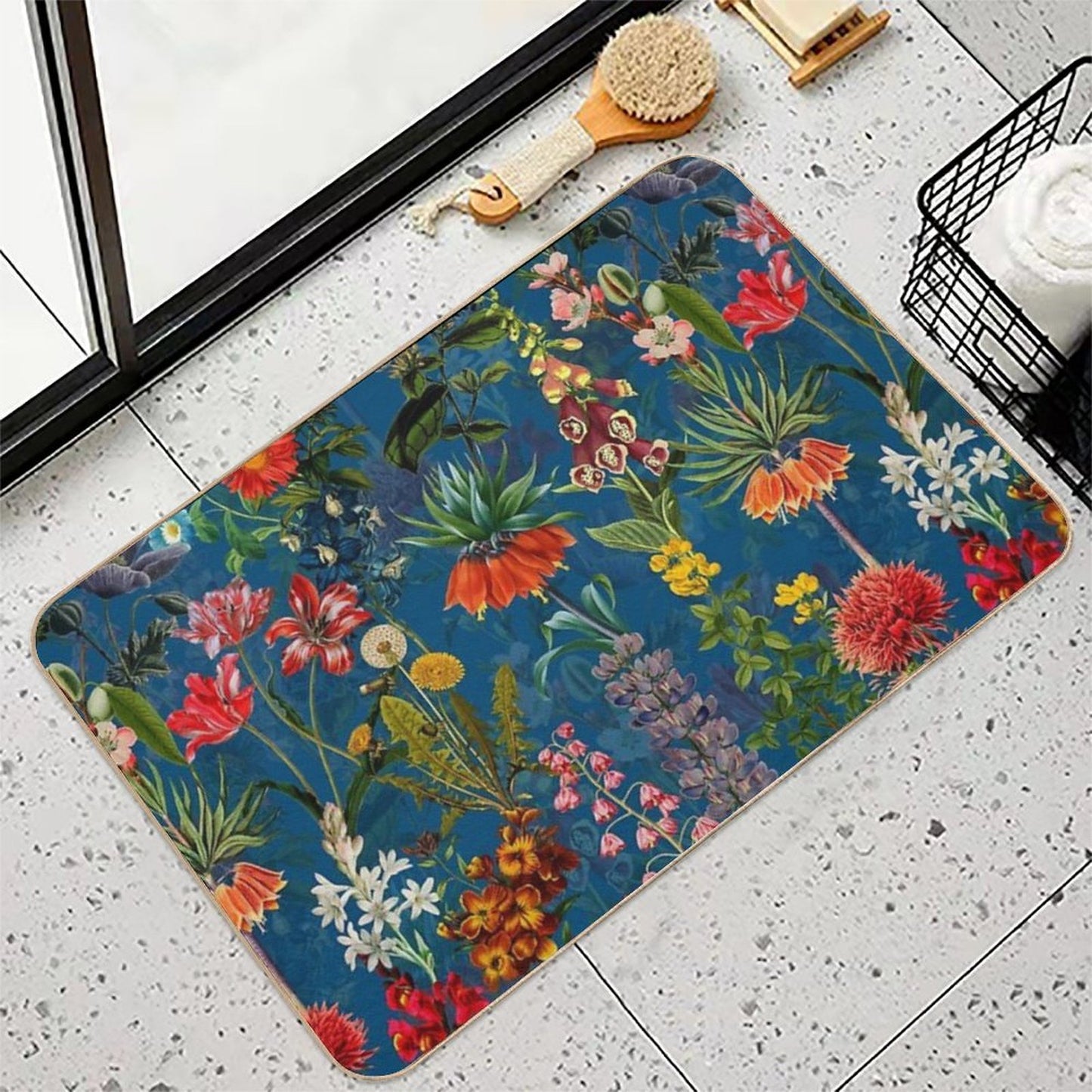 Vintage Blue Springflower Meadow Botanical Night Garden  Odorless Bath Mat
