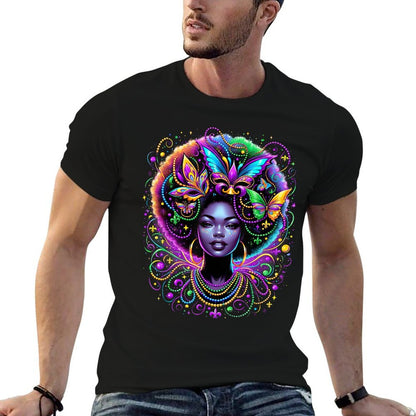 Black Queen Afro African Butterfly Beads Mask Mardi Gras  Breathable T-Shirt