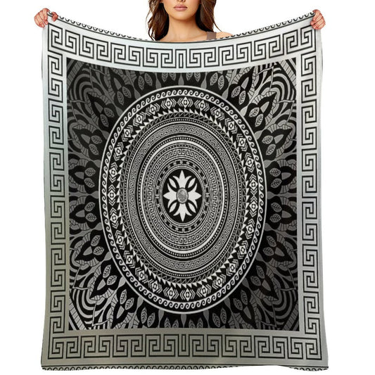 Ornate Baroque Silver Black White Greek Keys Border Gift-ready Throw Blanket
