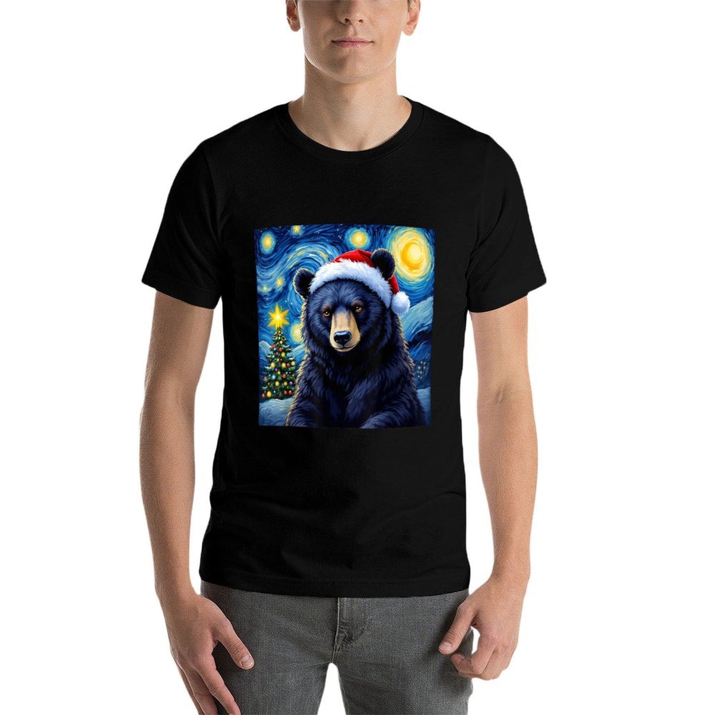 Christmas Black Bear Santa Hat Van Gogh Starry Night Holiday  Rolled Sleeves T-Shirt
