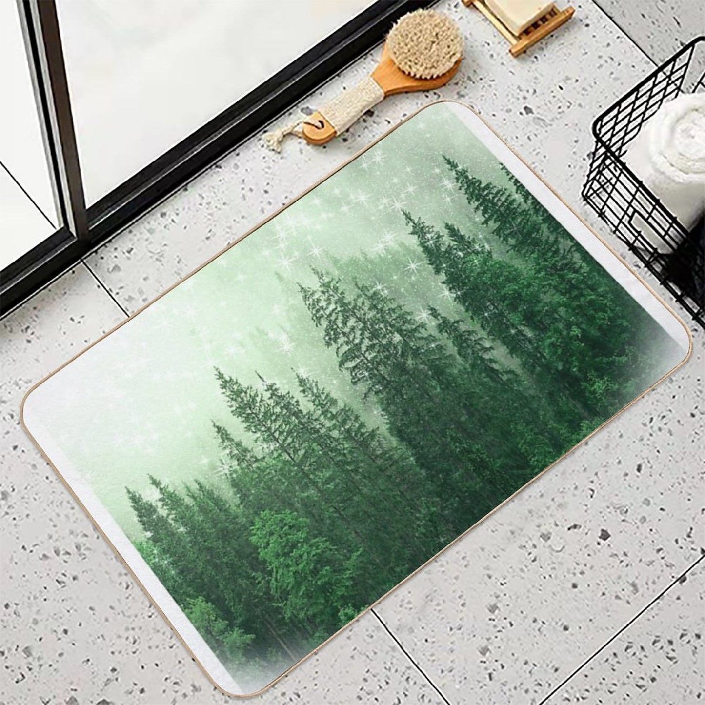 Foggy Green Forest Landscape And Pine Cones Autumn Fall Pattern Nature Trees Wood  Slip-Resistant Bath Mat