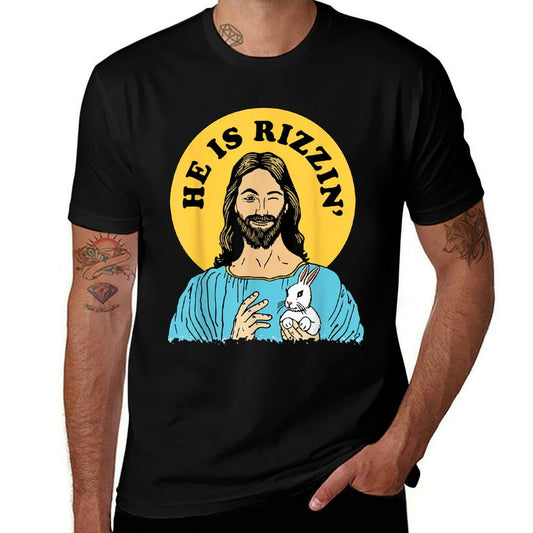 He Is Rizzin Funny Jesus Christian Happy Easter Day  Rolled Sleeves T-Shirt