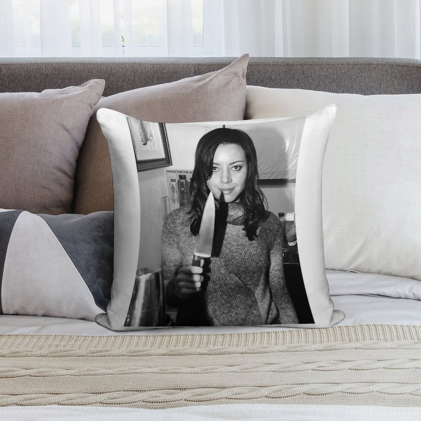 Aubrey Plaza Holding Knife Soft Fade-Resistant Throw Pillow