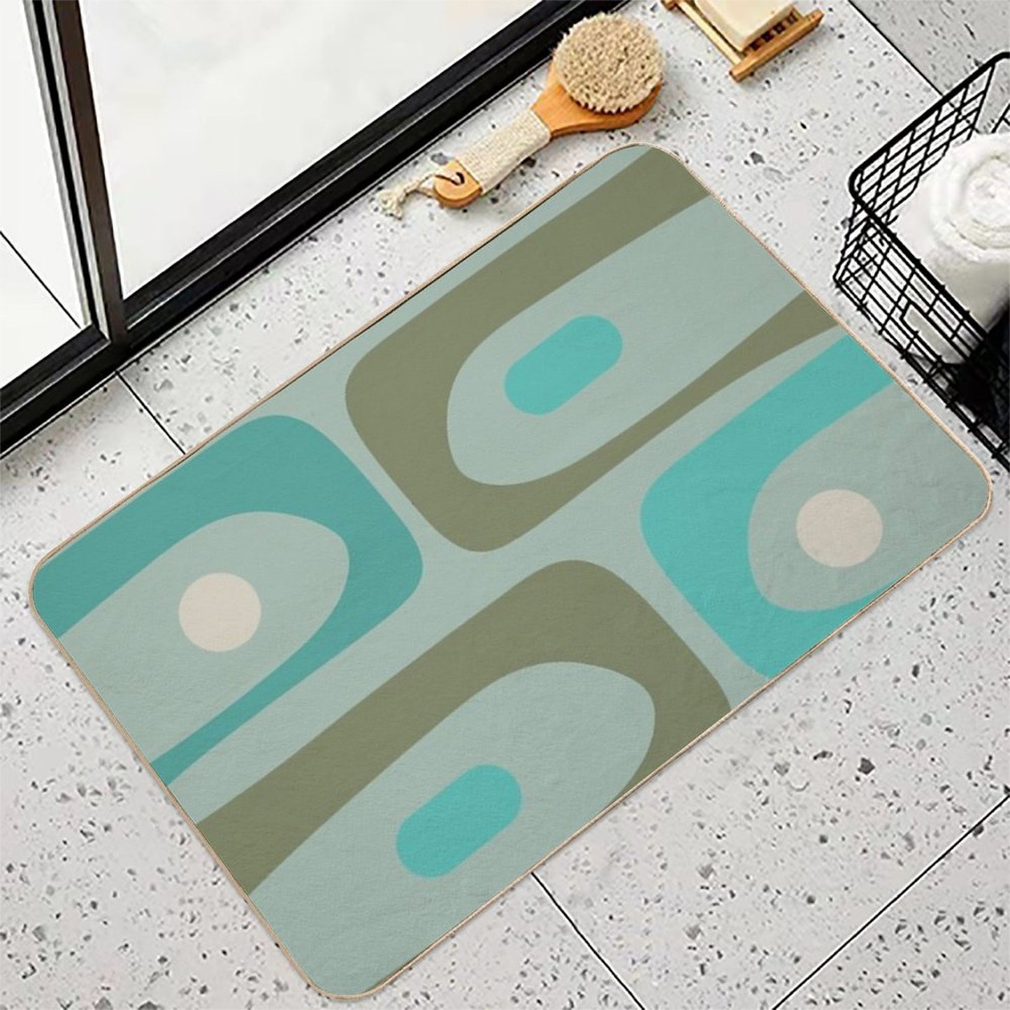 Retro Piquet Mid Mod Abstract Minimalist Pattern in Vintage Turquoise, Olive, And Ecru  Anti-Trip Bath Mat