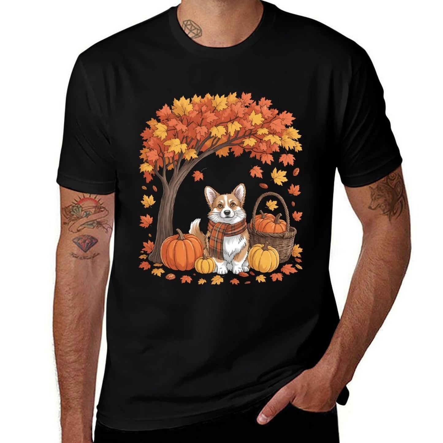 Corgi Dog Fall Scarf Pumpkin Autumn Leaves Thanksgiving  Fade-proof Color T-Shirt