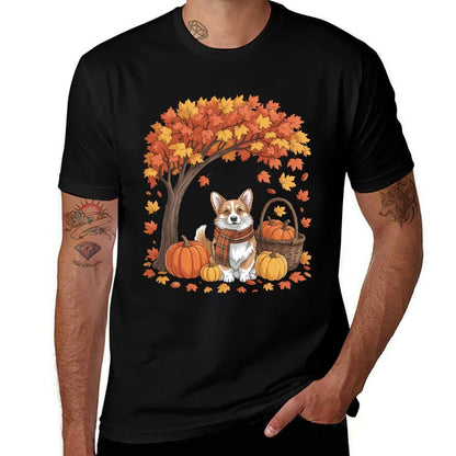 Corgi Dog Fall Scarf Pumpkin Autumn Leaves Thanksgiving  Fade-proof Color T-Shirt
