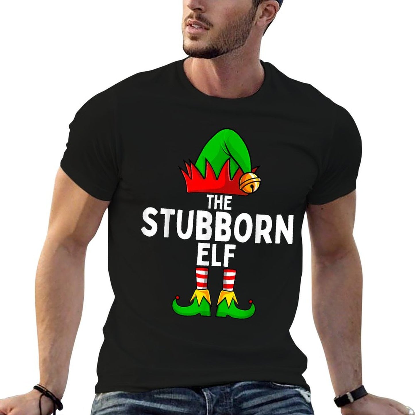 Stubborn Elf Matching Family Christmas  Ribbed Collar T-Shirt