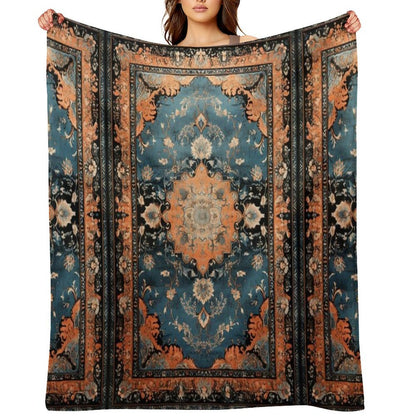 Orange Dark Azure Persian Carpet Machine-washable Throw Blanket