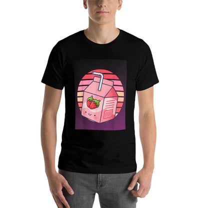 Mens Womens Japanese Pink Strawberry Milk Kawaii 90s Retro  Eco-friendly Material T-Shirt