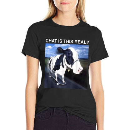 Chat Is This Real Skateboarding Cow Funny Meme  Wrinkle-resistant T-Shirt