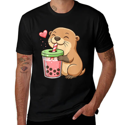 Otter Drinking Bubble Tea Boba Japanese Anime Culture Manga  Heathered Texture T-Shirt