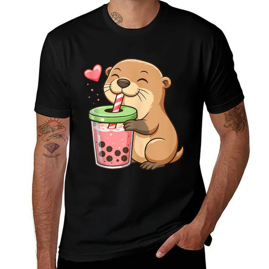 Otter Drinking Bubble Tea Boba Japanese Anime Culture Manga  Heathered Texture T-Shirt