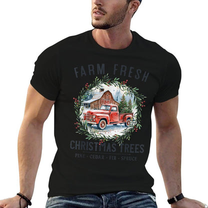 Farm Fresh Christmas Trees Vintage Red Truck And Barn  Heathered Texture T-Shirt