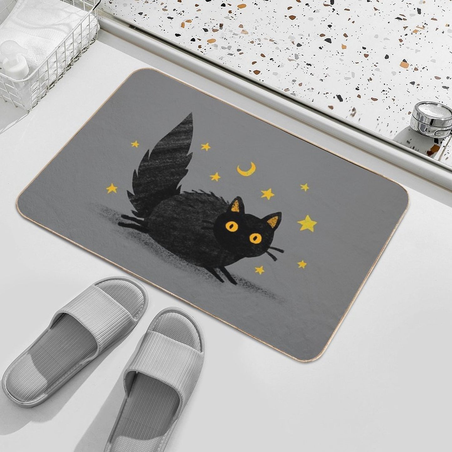 Fluffy Black Yellow Eyed Cat  Rapid-Drying Bath Mat