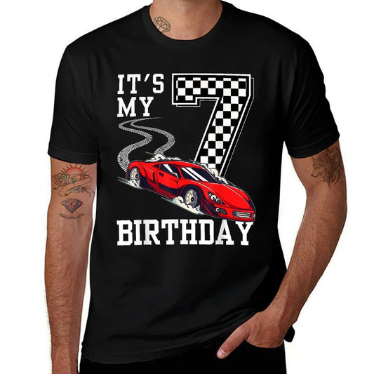 Kids It's My 7th Birthday Boys 7 Seven Racing Car Race  Ribbed Collar T-Shirt