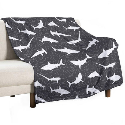 Shark Frenzy Pattern on Charcoal Grey Easy Care Throw Blanket