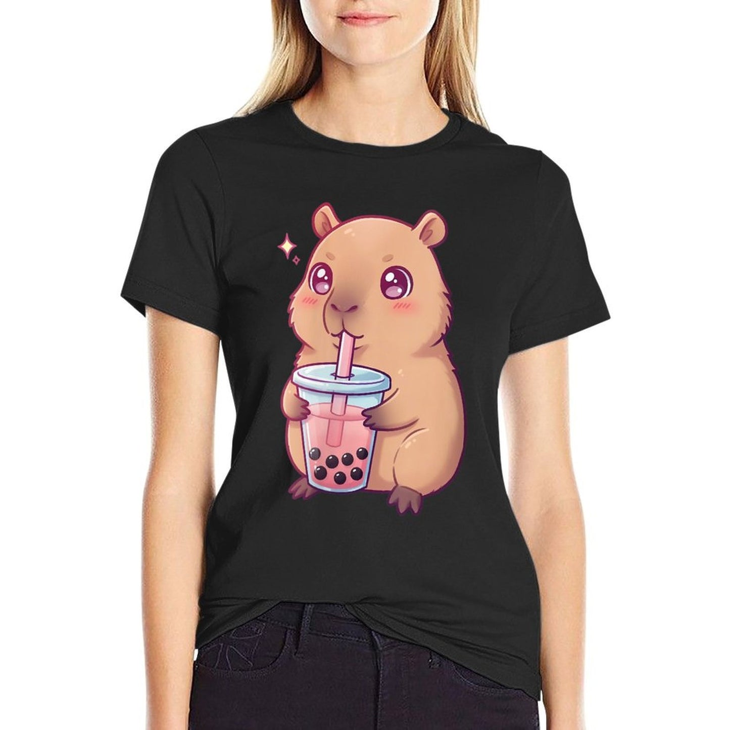 Womens Capybara Drinking Bubble Tea Japanese Design Boba Anime  Odor-resistant T-Shirt