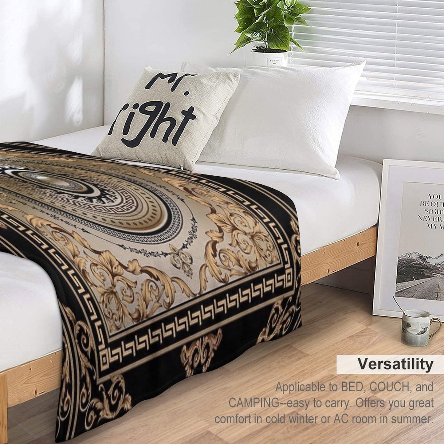Ornate Baroque Filigree Black Bronze Greek Key Meander Durable Throw Blanket