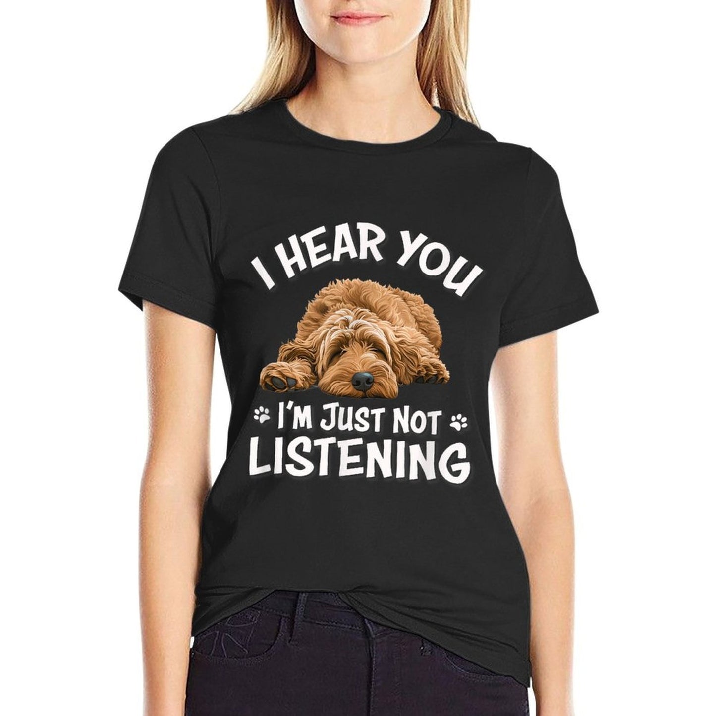 Funny Cute Hear You Not Listening Goldendoodle Doodle Lover  Ribbed Collar T-Shirt