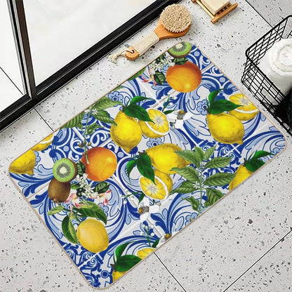 Mediterranean Lemon on Blue Ceramic Tiles  Absorbent Bath Mat
