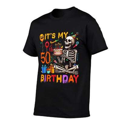 It's My 50th Birthday Halloween Skeleton Matching Party  Ribbed Collar T-Shirt