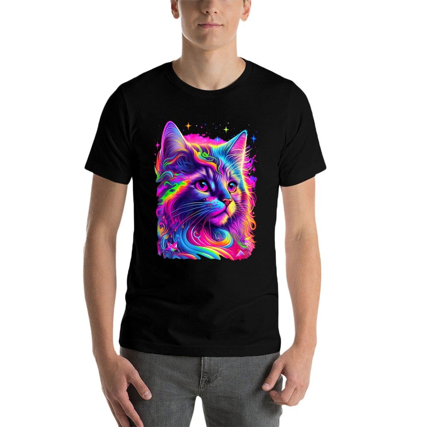 Colorful Rainbow Cat Graphic  Summer-ready Fabric T-Shirt