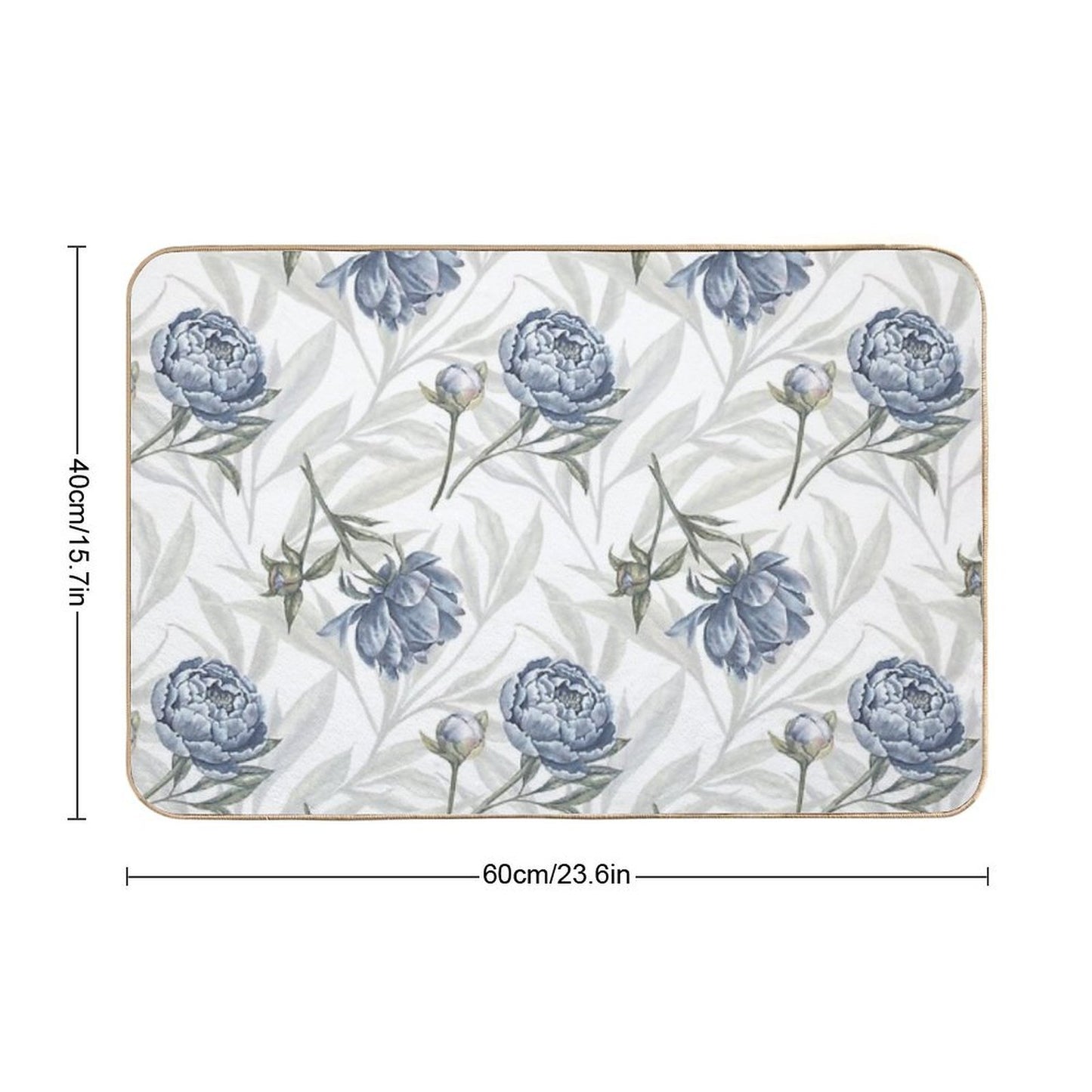 Watercolor Indigo Blue Peonies And Translucent Leaves Pattern with White Background.  Rapid-Drying Bath Mat