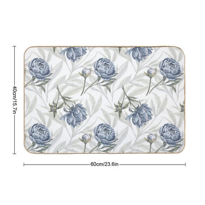 Watercolor Indigo Blue Peonies And Translucent Leaves Pattern with White Background.  Rapid-Drying Bath Mat