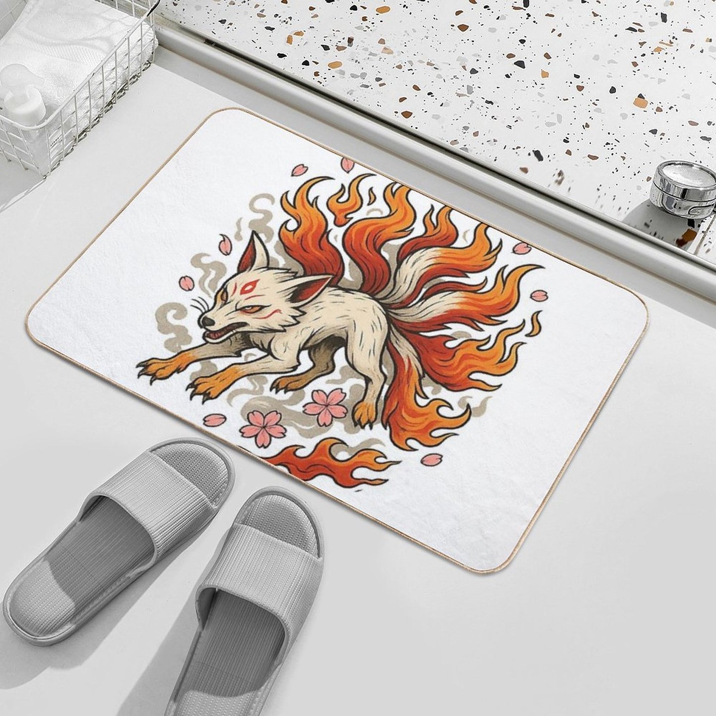 Nine-Tailed Kitsune — Battle Spirit Flame - Japanese Tattoo Style  Long-Lasting Bath Mat