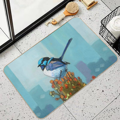 Blue Wren on Bush  Repositionable Bath Mat