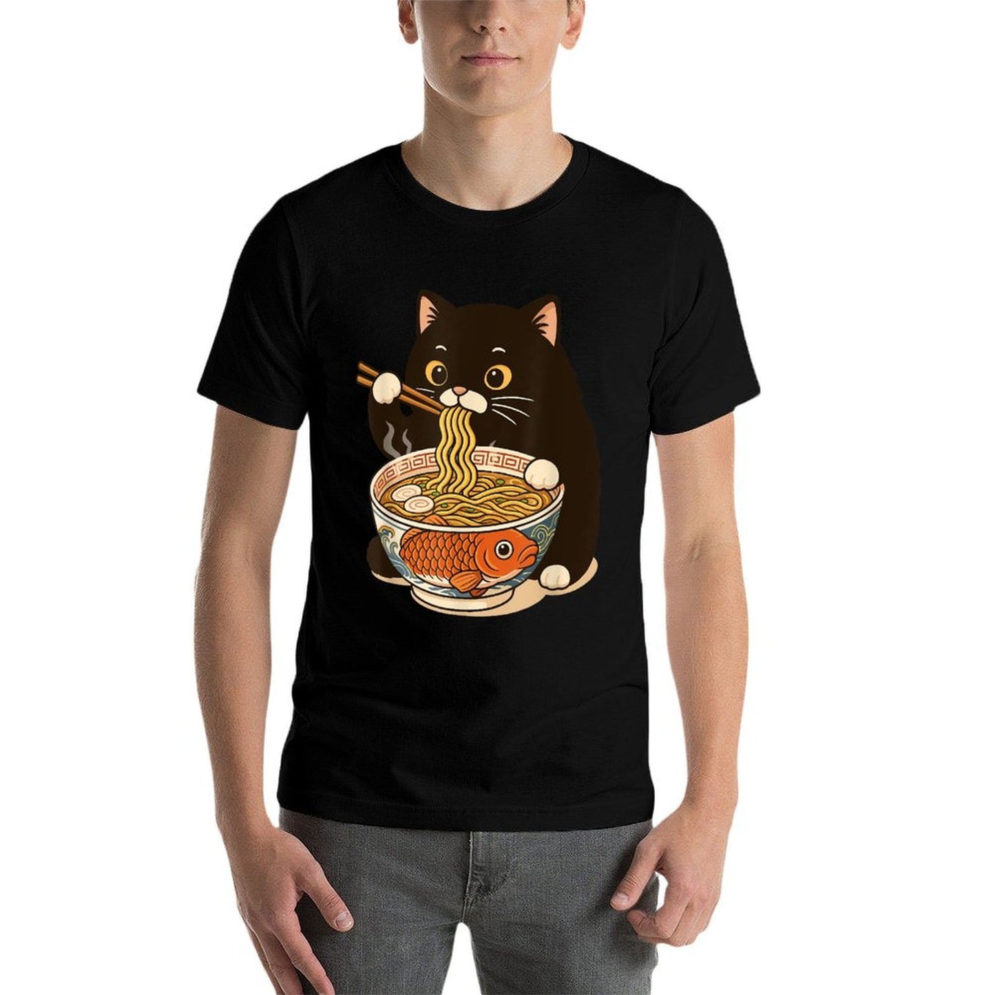 Fat Cat Ramen Anime Meme Eating Noodles Kawaii  High-quality Stitching T-Shirt