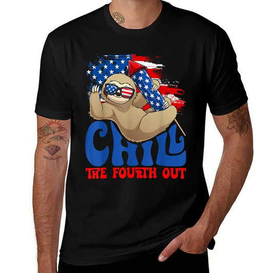 Chill The Fourth Out Sloth USA Independence 4th Of July  Rolled Sleeves T-Shirt