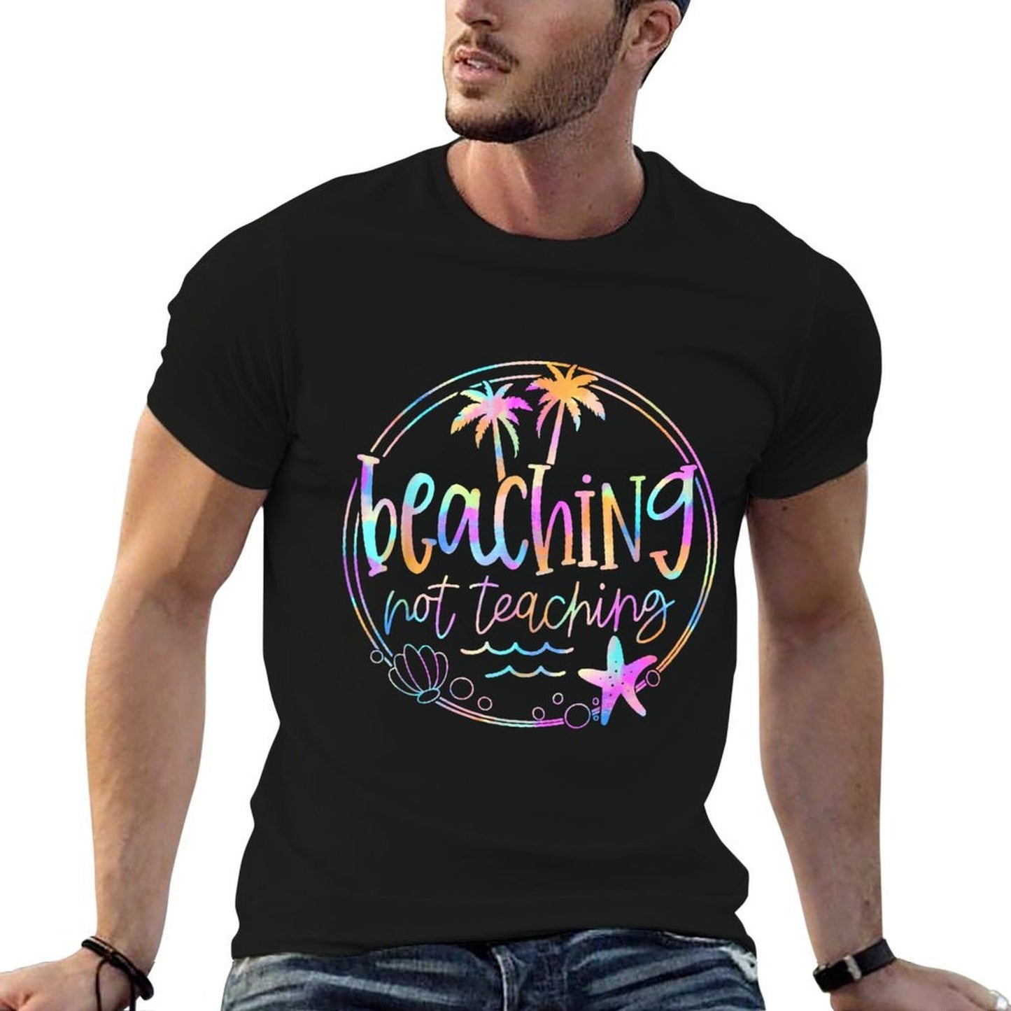 Beaching Not Teaching Tie Dye Summer Teacher Beach Vacation  Ribbed Collar T-Shirt