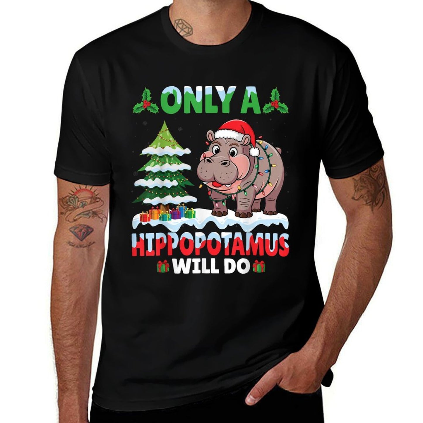 Only A Hippopotamus Will Do - Hippo Santa Hat Christmas  Slim-fit Cut T-Shirt