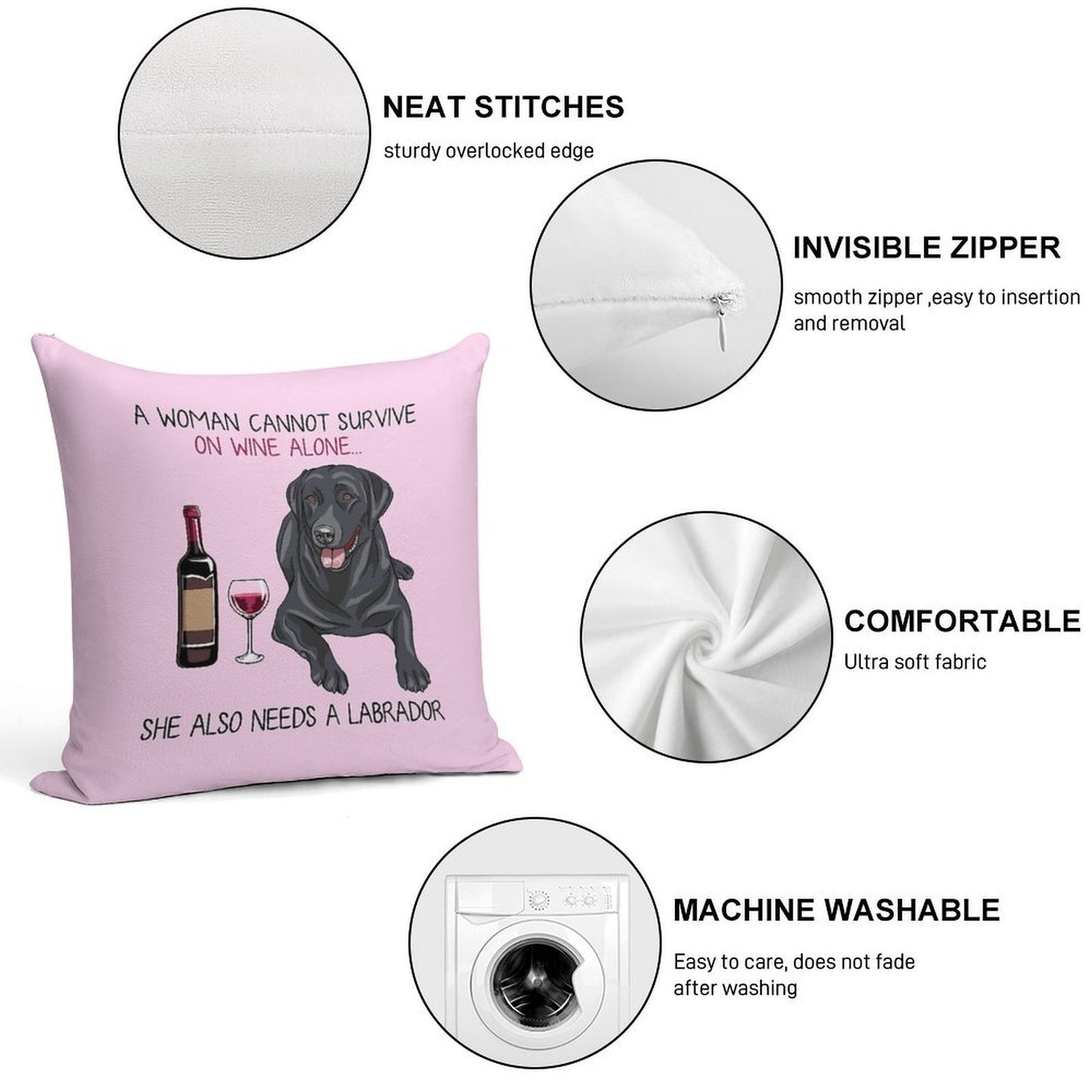 Labrador And Wine Funny Dog Soft Gift Ready Throw Pillow