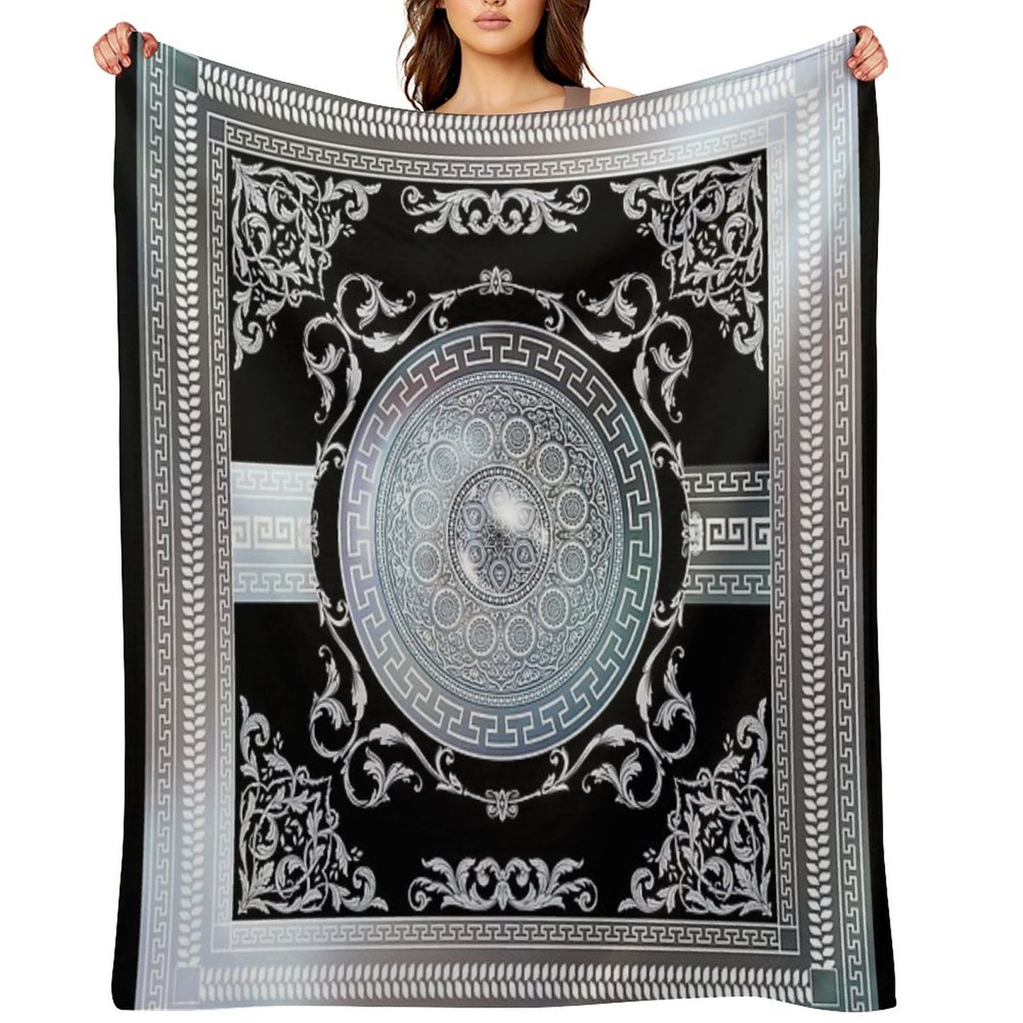 Ornate Baroque Metallic Blue Black Greek Meander All-season Throw Blanket