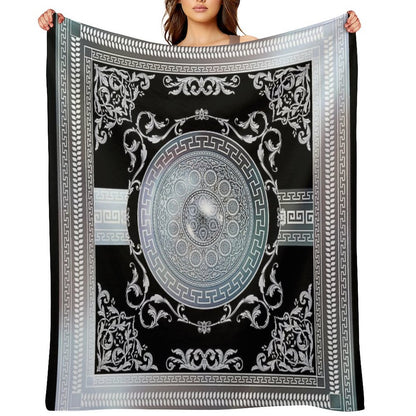 Ornate Baroque Metallic Blue Black Greek Meander All-season Throw Blanket